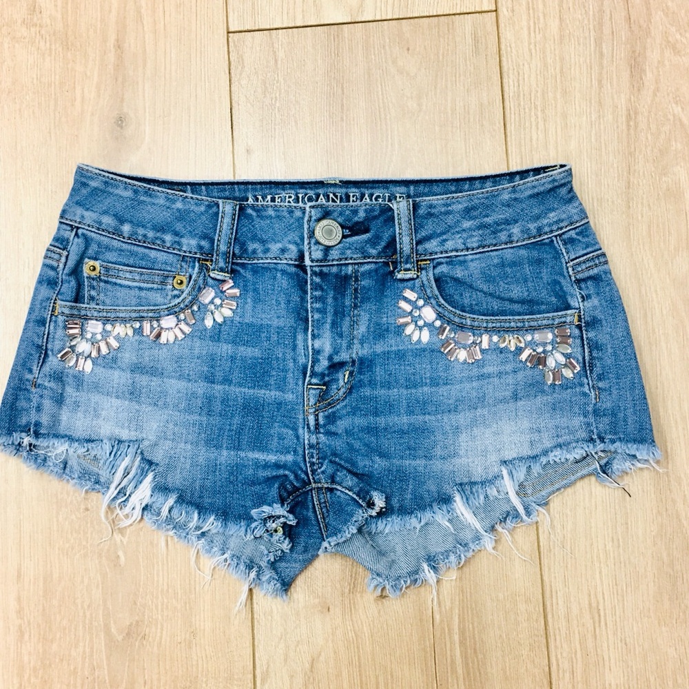 Frayed cut off sequin denim shorts American Eagle aeo blue shorts low rise